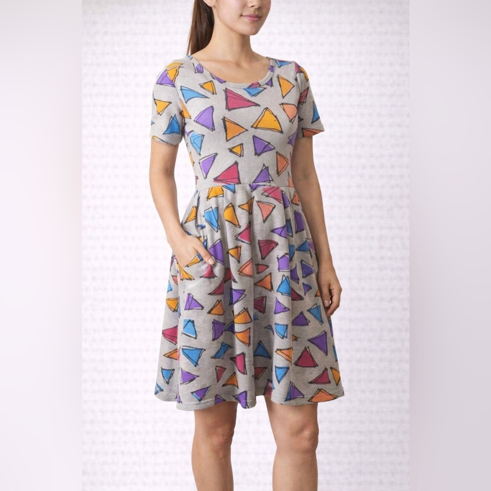 LuLaRoe Hilarie Geometric Fit & Flare Dress Medium Colorful Triangle Pockets